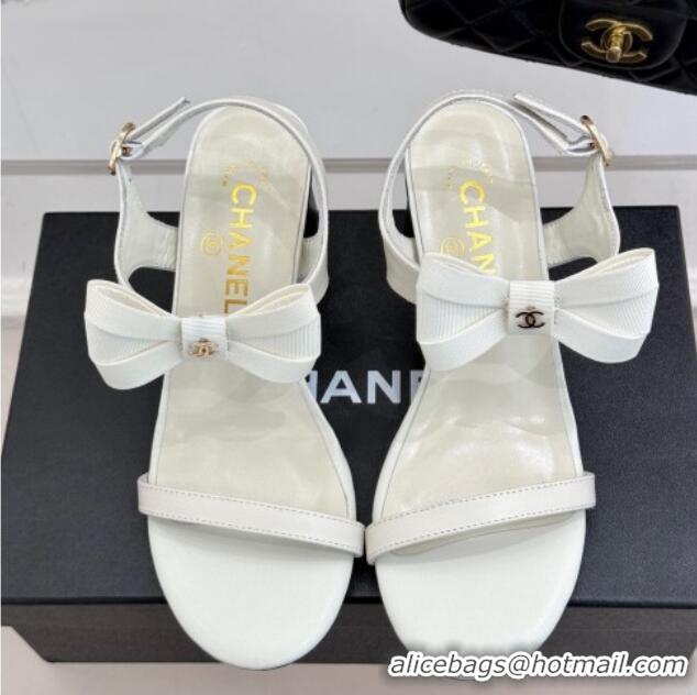 Shop Duplicate Chanel Lambskin Heel Sandals 5cm with Bow White 0102122