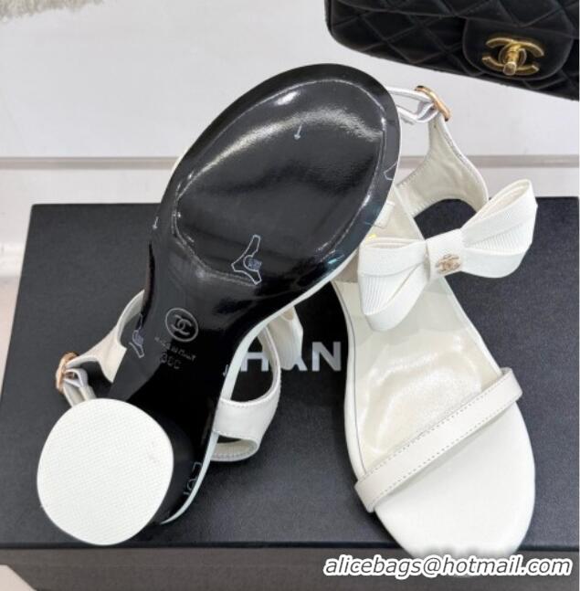 Shop Duplicate Chanel Lambskin Heel Sandals 5cm with Bow White 0102122