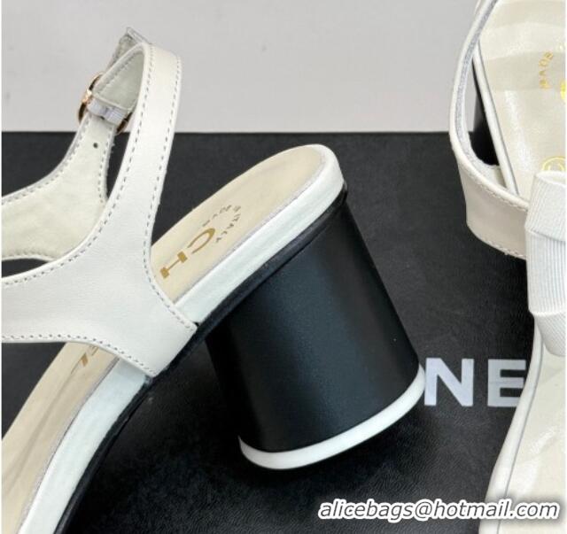 Shop Duplicate Chanel Lambskin Heel Sandals 5cm with Bow White 0102122