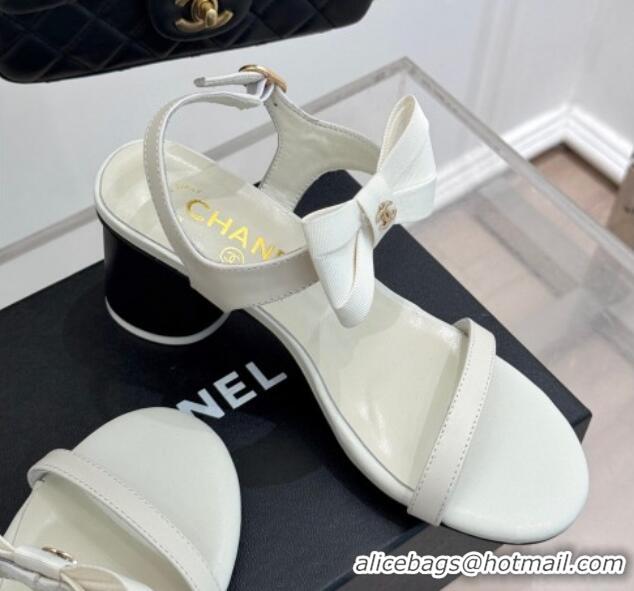 Shop Duplicate Chanel Lambskin Heel Sandals 5cm with Bow White 0102122