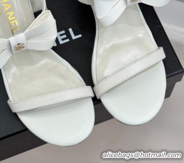 Shop Duplicate Chanel Lambskin Heel Sandals 5cm with Bow White 0102122