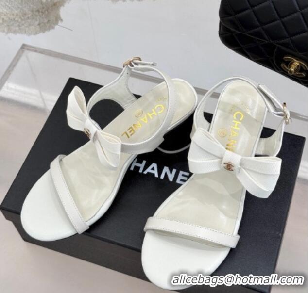 Shop Duplicate Chanel Lambskin Heel Sandals 5cm with Bow White 0102122