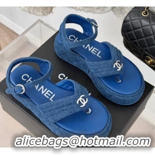 Trendy Design Chanel Chevron Denim Platform Thong Sandals 4.5cm Blue 0102123