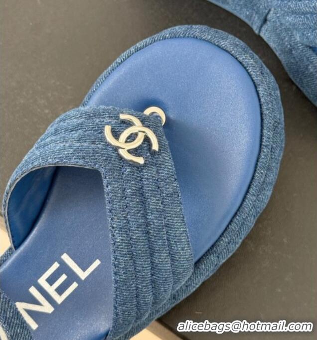 Trendy Design Chanel Chevron Denim Platform Thong Sandals 4.5cm Blue 0102123