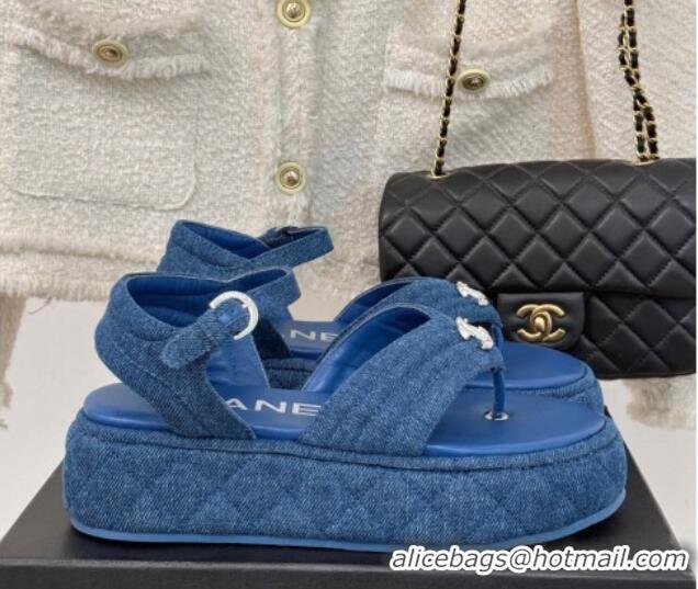 Trendy Design Chanel Chevron Denim Platform Thong Sandals 4.5cm Blue 0102123