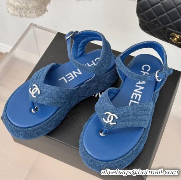 Trendy Design Chanel Chevron Denim Platform Thong Sandals 4.5cm Blue 0102123