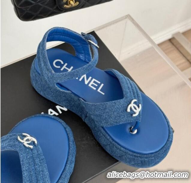 Trendy Design Chanel Chevron Denim Platform Thong Sandals 4.5cm Blue 0102123