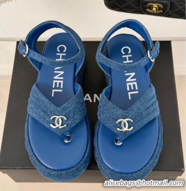 Trendy Design Chanel Chevron Denim Platform Thong Sandals 4.5cm Blue 0102123