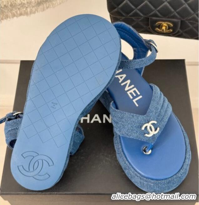 Trendy Design Chanel Chevron Denim Platform Thong Sandals 4.5cm Blue 0102123