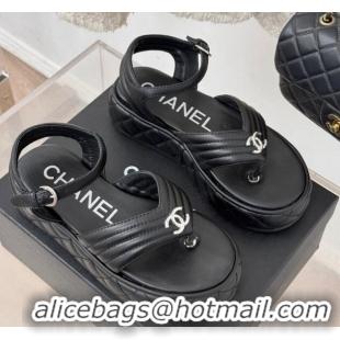 Popular Style Chanel Chevron Lambskin Platform Thong Sandals 4.5cm Black 0102124