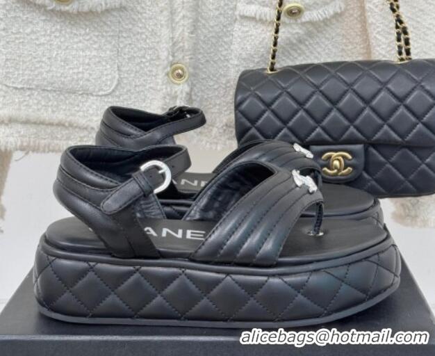 Popular Style Chanel Chevron Lambskin Platform Thong Sandals 4.5cm Black 0102124