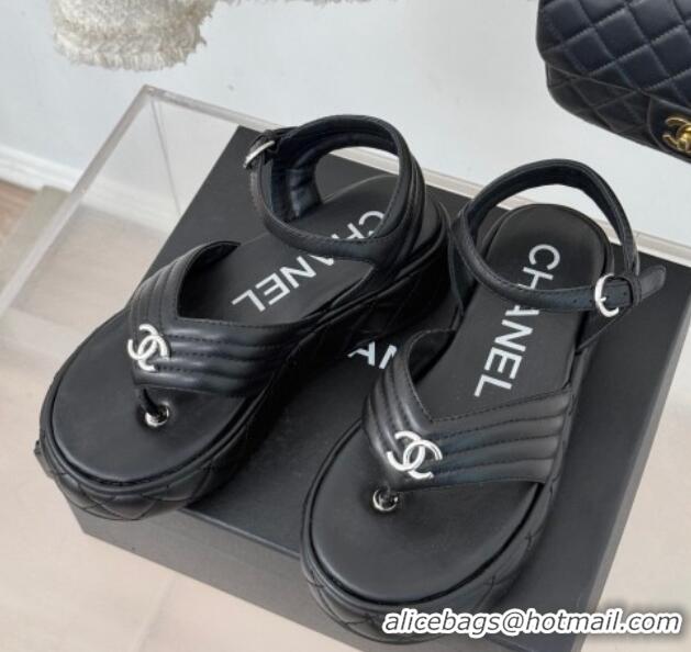 Popular Style Chanel Chevron Lambskin Platform Thong Sandals 4.5cm Black 0102124