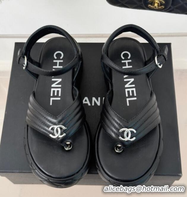 Popular Style Chanel Chevron Lambskin Platform Thong Sandals 4.5cm Black 0102124