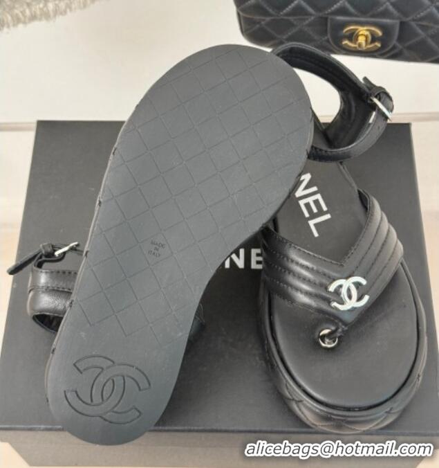 Popular Style Chanel Chevron Lambskin Platform Thong Sandals 4.5cm Black 0102124