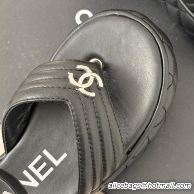 Popular Style Chanel Chevron Lambskin Platform Thong Sandals 4.5cm Black 0102124