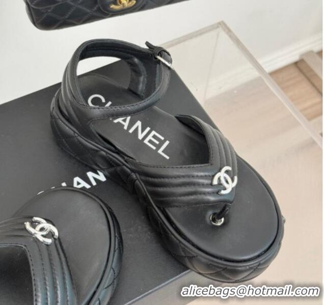 Popular Style Chanel Chevron Lambskin Platform Thong Sandals 4.5cm Black 0102124