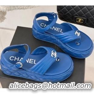 Luxury Cheap Chanel Chevron Lambskin Platform Thong Sandals 4.5cm Blue 0102125