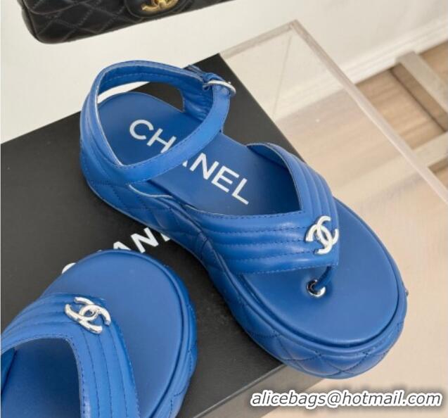 Luxury Cheap Chanel Chevron Lambskin Platform Thong Sandals 4.5cm Blue 0102125