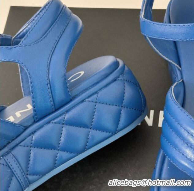 Luxury Cheap Chanel Chevron Lambskin Platform Thong Sandals 4.5cm Blue 0102125