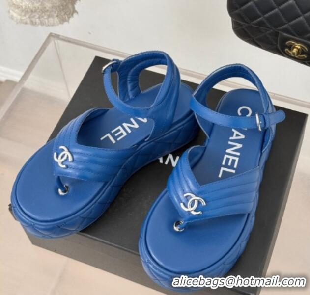 Luxury Cheap Chanel Chevron Lambskin Platform Thong Sandals 4.5cm Blue 0102125