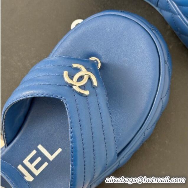 Luxury Cheap Chanel Chevron Lambskin Platform Thong Sandals 4.5cm Blue 0102125