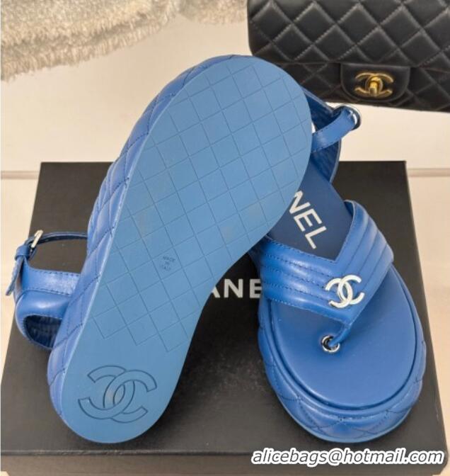 Luxury Cheap Chanel Chevron Lambskin Platform Thong Sandals 4.5cm Blue 0102125