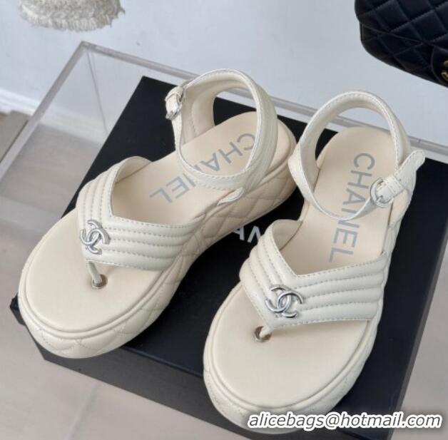 Luxury Chanel Chevron Lambskin Platform Thong Sandals 4.5cm Pale Grey 0102126