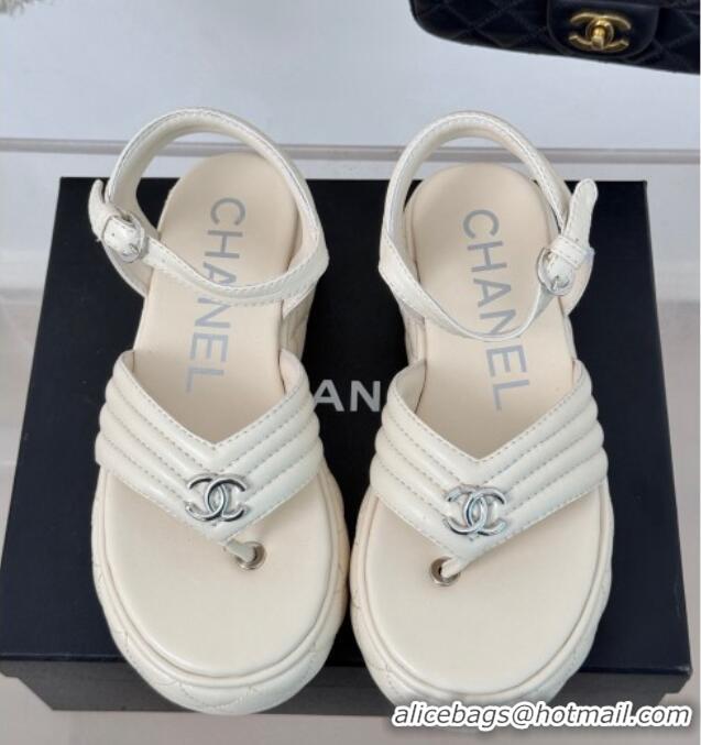 Luxury Chanel Chevron Lambskin Platform Thong Sandals 4.5cm Pale Grey 0102126