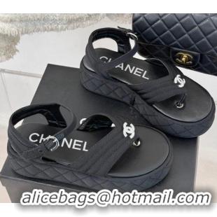 Top Grade Chanel Chevron Grosgrain Platform Thong Sandals 4.5cm Black 0102127