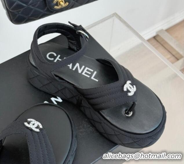 Top Grade Chanel Chevron Grosgrain Platform Thong Sandals 4.5cm Black 0102127