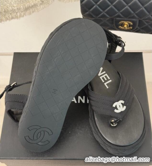 Top Grade Chanel Chevron Grosgrain Platform Thong Sandals 4.5cm Black 0102127