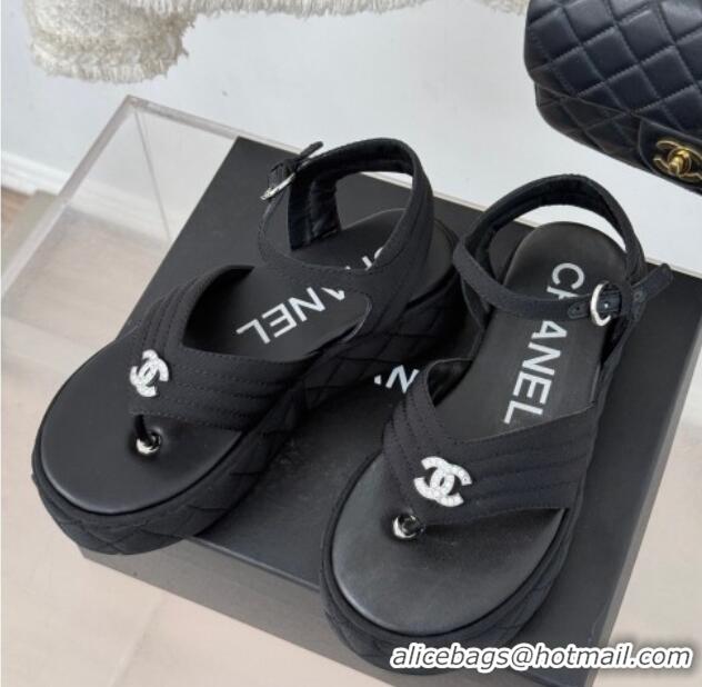 Top Grade Chanel Chevron Grosgrain Platform Thong Sandals 4.5cm Black 0102127