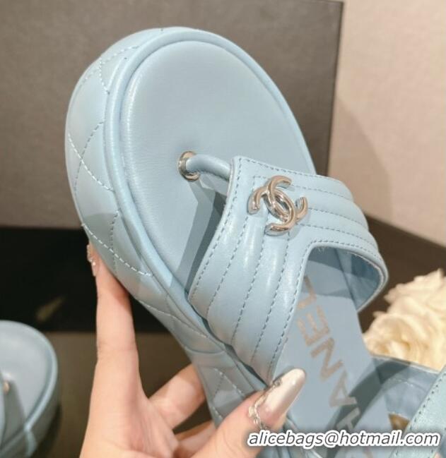 Durable Chanel Chevron Lambskin Platform Thong Sandals 4.5cm Light Blue 0102128