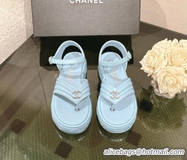 Durable Chanel Chevron Lambskin Platform Thong Sandals 4.5cm Light Blue 0102128