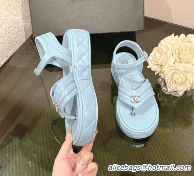 Durable Chanel Chevron Lambskin Platform Thong Sandals 4.5cm Light Blue 0102128