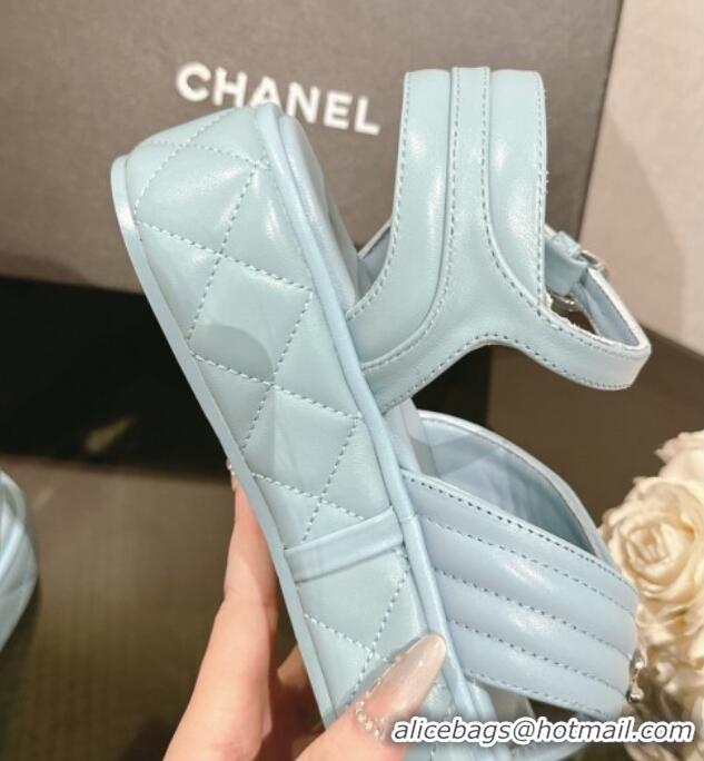 Durable Chanel Chevron Lambskin Platform Thong Sandals 4.5cm Light Blue 0102128