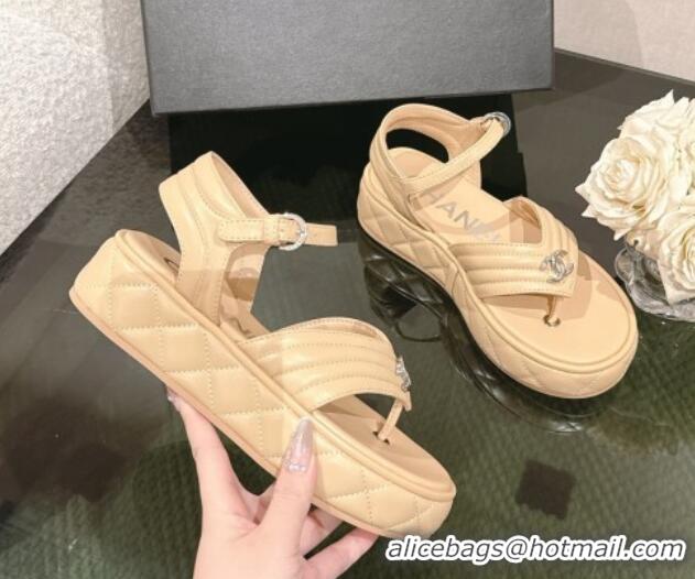 Good Product Chanel Chevron Lambskin Platform Thong Sandals 4.5cm Beige 0102130