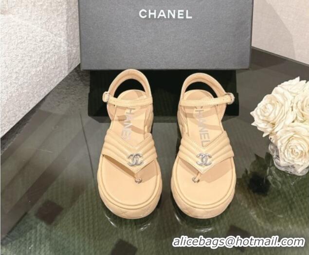 Good Product Chanel Chevron Lambskin Platform Thong Sandals 4.5cm Beige 0102130