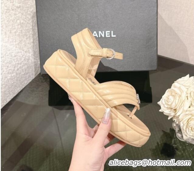 Good Product Chanel Chevron Lambskin Platform Thong Sandals 4.5cm Beige 0102130