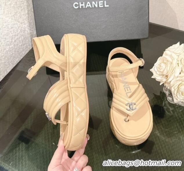 Good Product Chanel Chevron Lambskin Platform Thong Sandals 4.5cm Beige 0102130