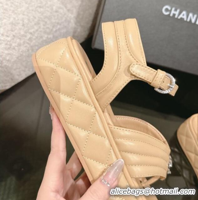 Good Product Chanel Chevron Lambskin Platform Thong Sandals 4.5cm Beige 0102130