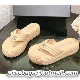 Best Price Chanel Chevron Lambskin Platform Thong Slides Sandal 4.5cm Beige 0102131