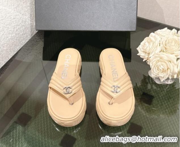 Best Price Chanel Chevron Lambskin Platform Thong Slides Sandal 4.5cm Beige 0102131