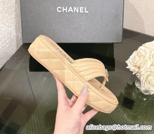 Best Price Chanel Chevron Lambskin Platform Thong Slides Sandal 4.5cm Beige 0102131