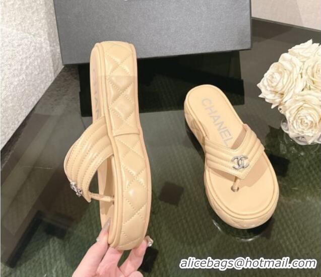 Best Price Chanel Chevron Lambskin Platform Thong Slides Sandal 4.5cm Beige 0102131