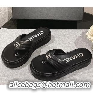 Luxury Discount Chanel Chevron Lambskin Platform Thong Slides Sandal 4.5cm Black 0102132