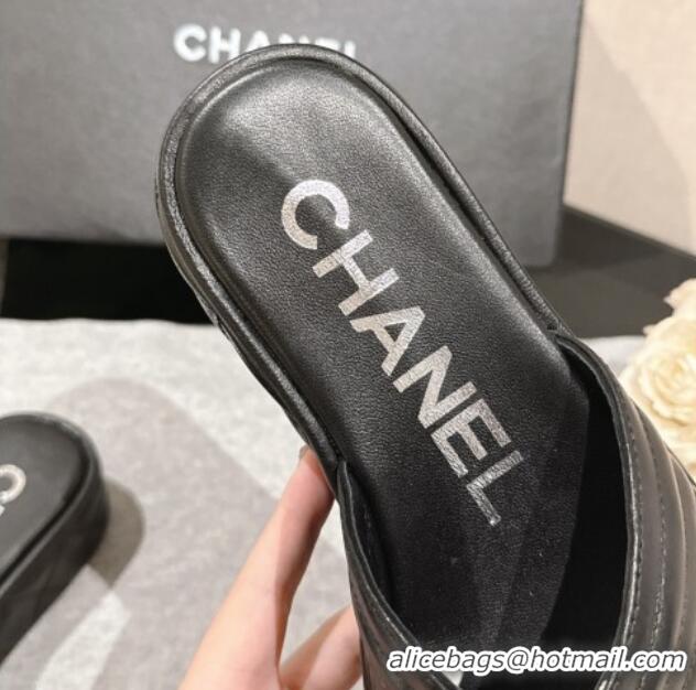 Luxury Discount Chanel Chevron Lambskin Platform Thong Slides Sandal 4.5cm Black 0102132