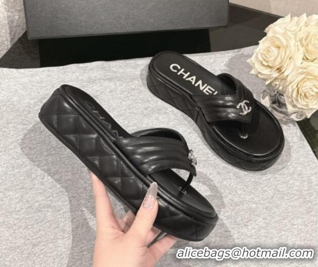 Luxury Discount Chanel Chevron Lambskin Platform Thong Slides Sandal 4.5cm Black 0102132