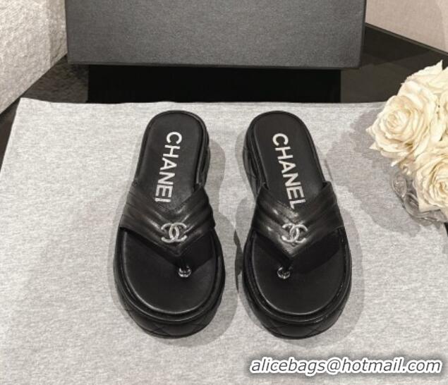 Luxury Discount Chanel Chevron Lambskin Platform Thong Slides Sandal 4.5cm Black 0102132