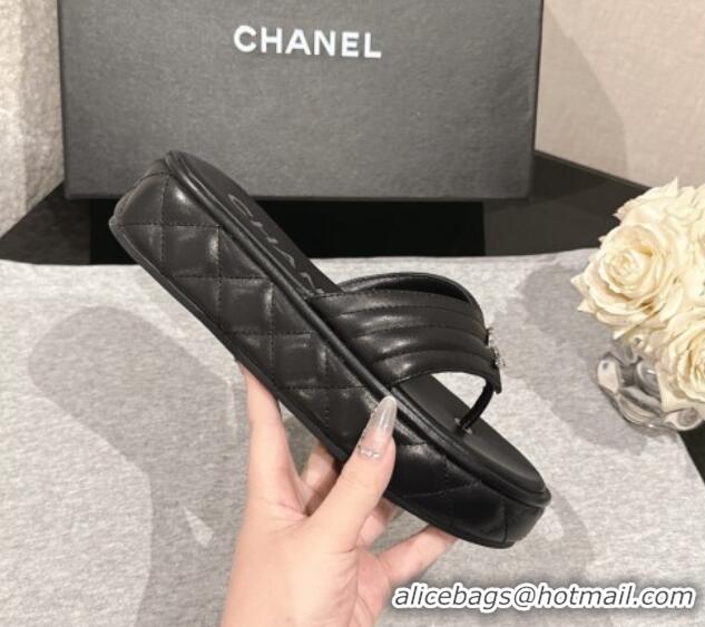 Luxury Discount Chanel Chevron Lambskin Platform Thong Slides Sandal 4.5cm Black 0102132